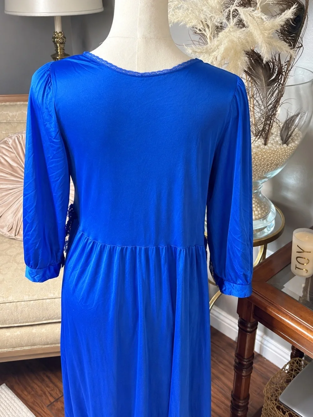 Vintage La Notte Royal Blue Lace Sheer Peignoir Nightgown/Robe Made in USA
